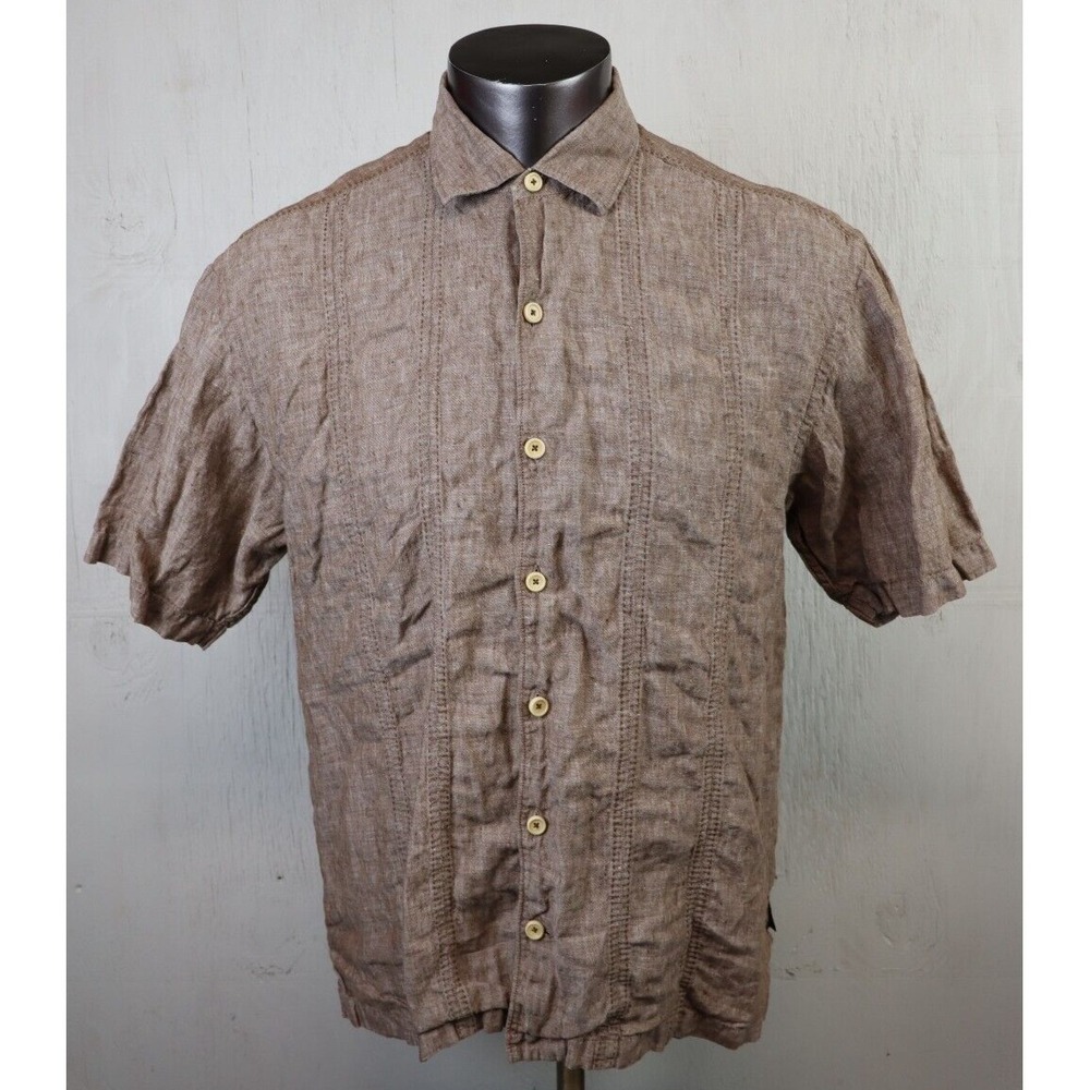 Tommy Bahama Short Sleeve Button Front Shirt Linen Solid Mens Size Large L Brown